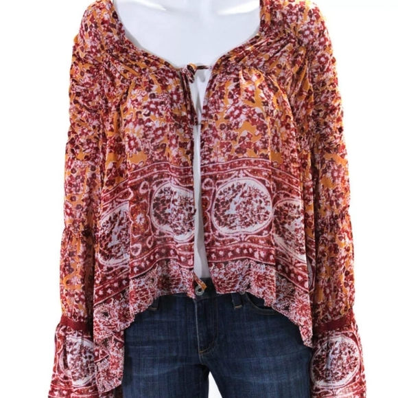 NWOT Free People Lorriane Boho-Print Tie-Front Top Size Large - Picture 5 of 7